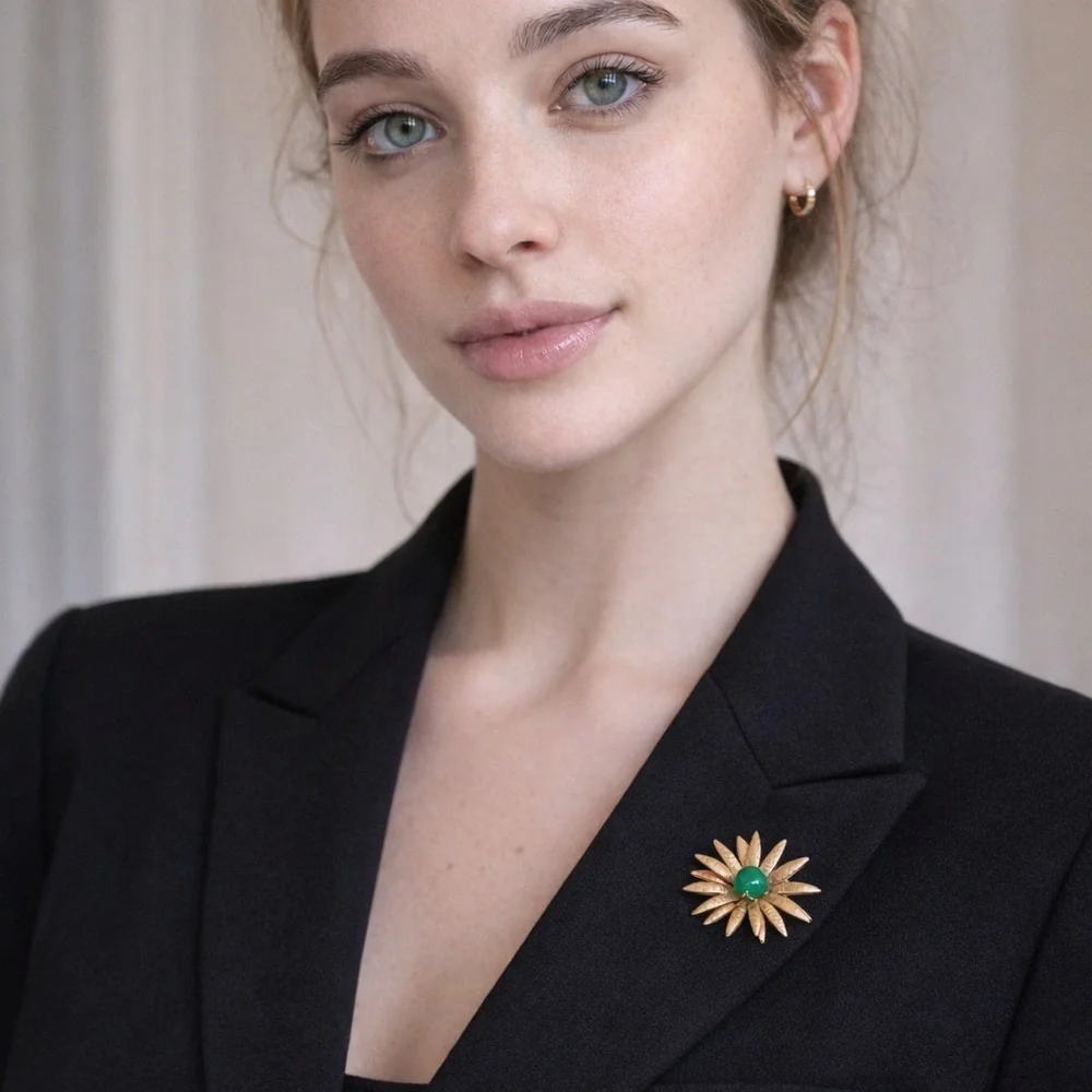 Vintage Gold Tone Sunburst Flower Brooch w/ Green‎ Cabochon Center